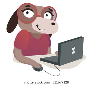 Vector illustration of an expressive cartoon dog using a computer.
