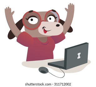 Vector illustration of an expressive cartoon dog using a computer.