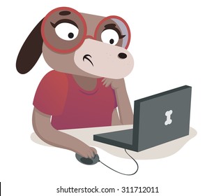 Vector illustration of an expressive cartoon dog using a computer.