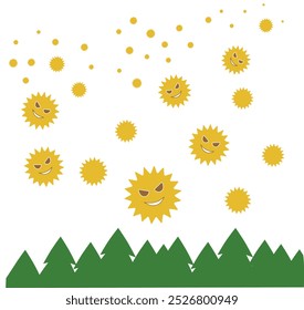 Vector illustration of expressive pollen in the air and conifer forest