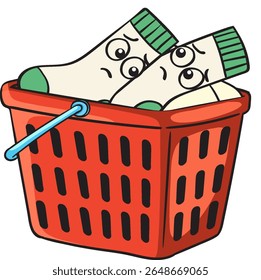 Vector illustration of expressive socks inside a red basket. Cartoon style with bold colors and clean lines