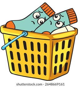 Vector illustration of expressive socks in a yellow basket. Bold colors and cartoon style enhance the playful theme