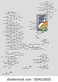Vector illustration of exterior wall with window with surfboard.
