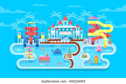 Vector illustration of exterior water park, outdoor with slides, entertainment, fountain, swimming pool flat style for infographic