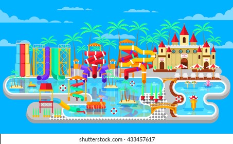 Vector illustration of exterior water park, outdoor with slides, entertainment, fountain, swimming pool in flat style to infographic