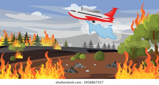 Ilustración vectorial de extinción de un fuego por avión. Escena de dibujos animados de un paisaje con árboles de Navidad, árboles, arbustos, piedras, fuego, un avión que rocía agua para apagar un fuego, un cielo con nubes.