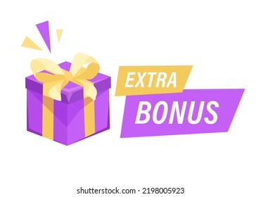 Vector Illustration extra bonus sign. Gift purple box with ribbon. Flat design for business and advertising. Label for web