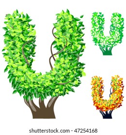 Ilustración vectorial de símbolos de alfabeto de árbol detallados. Una corona fácil de desprender. carácter u
