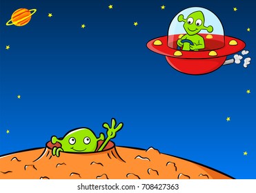 vector illustration of an extraterrestrial wave to another alien in a space ship