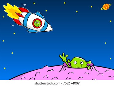 vector illustration of an extraterrestrial wave to another alien in a space ship