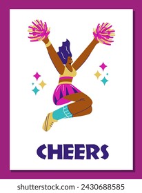 Vector illustration of an exuberant cheerleader jumping with pom-poms, captured in a spirited pose with a 'CHEERS' caption