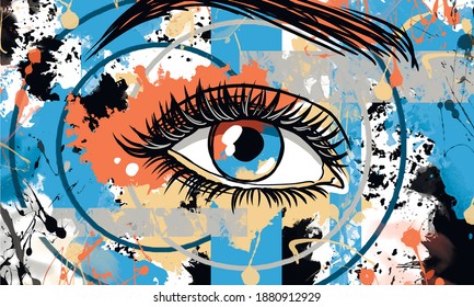 Vector illustration. Eye. Background. Universal illustration. Bright spots and blots. Calm tones. Grunge. Art for the cafe. Beauty saloon. Vector.