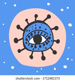 Vector Ilustración de los ojos en el virus y puntos de la corona. Dibujado a mano. Bueno para envolver papel, tarjeta, invitación de cumpleaños, diseño de logo, icono en medios sociales