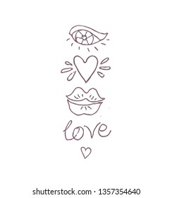 Vector illustration of eye, heart, lips, kiss and inscription Love.  Line art contour illustration of dreamers.