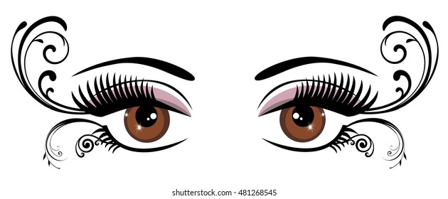 vector illustration of eye with long lashes and swirls