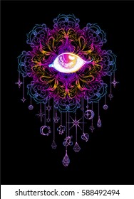 Vector illustration eye on the background mandala with pendants, sacred amulet,  colorful tattoo, isolated. Psychedelic art for print, posters, t-shirts and textiles. Boho style