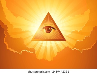 Vector illustration of the Eye of Providence set against a dramatic cloudscape illuminated by sunlight. Symbolizing divine wisdom and enlightenment, mystique, spiritual themed, and mystical symbolism