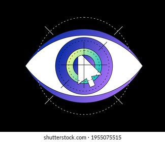 Ilustración vectorial del símbolo ocular con el cursor del ratón y el objetivo de línea. Símbolo de privacidad de Internet. Traficantes.