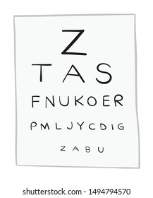 Vector illustration eye test chart, letters. Hand drawn.