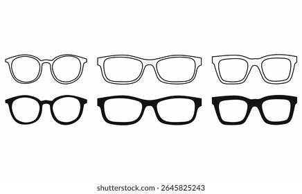 Vector illustration eyeglass frames in silhouette and outline style. Includes round and square lens shapes. Ideal for icons, logo design, or eyewear mockups