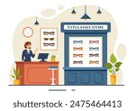 Vector Illustration of an Eyeglasses Store or Optical Shop featuring Accessories, an Optician, Vision Checking, and Eyeglasses in a Flat Background