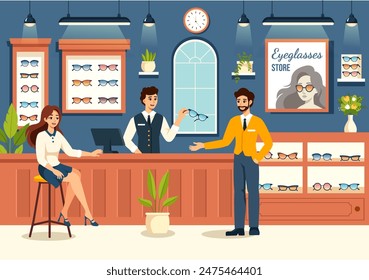 Vector Illustration of an Eyeglasses Store or Optical Shop featuring Accessories, an Optician, Vision Checking, and Eyeglasses in a Flat Background