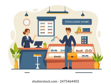 Vector Illustration of an Eyeglasses Store or Optical Shop featuring Accessories, an Optician, Vision Checking, and Eyeglasses in a Flat Background