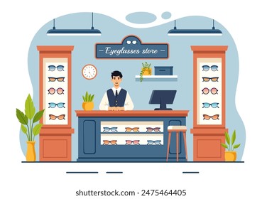 Vector Illustration of an Eyeglasses Store or Optical Shop featuring Accessories, an Optician, Vision Checking, and Eyeglasses in a Flat Background