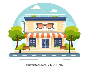 Vector Illustration of an Eyeglasses Store or Optical Shop featuring Accessories, an Optician, Vision Checking, and Eyeglasses in a Flat Background