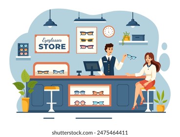 Vector Illustration of an Eyeglasses Store or Optical Shop featuring Accessories, an Optician, Vision Checking, and Eyeglasses in a Flat Background
