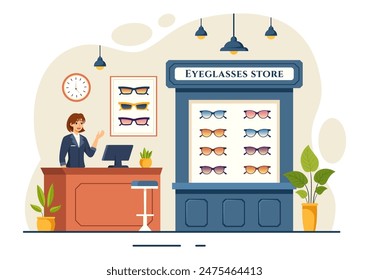 Vector Illustration of an Eyeglasses Store or Optical Shop featuring Accessories, an Optician, Vision Checking, and Eyeglasses in a Flat Background