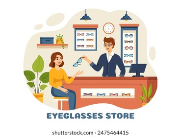 Ilustración vectorial de una tienda de gafas o una tienda de óptica con accesorios, un óptico, verificación visual y gafas en un fondo plano