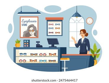 Vector Illustration of an Eyeglasses Store or Optical Shop featuring Accessories, an Optician, Vision Checking, and Eyeglasses in a Flat Background