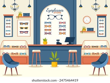 Vector Illustration of an Eyeglasses Store or Optical Shop featuring Accessories, an Optician, Vision Checking, and Eyeglasses in a Flat Background