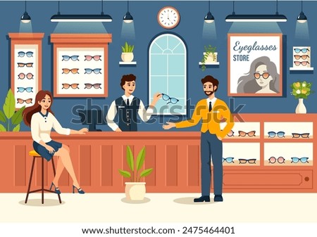 Vector Illustration of an Eyeglasses Store or Optical Shop featuring Accessories, an Optician, Vision Checking, and Eyeglasses in a Flat Background