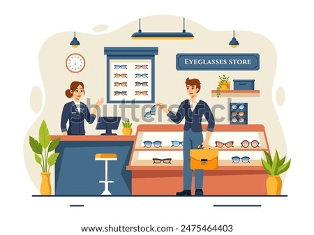 Vector Illustration of an Eyeglasses Store or Optical Shop featuring Accessories, an Optician, Vision Checking, and Eyeglasses in a Flat Background