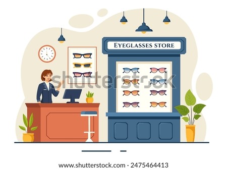 Vector Illustration of an Eyeglasses Store or Optical Shop featuring Accessories, an Optician, Vision Checking, and Eyeglasses in a Flat Background