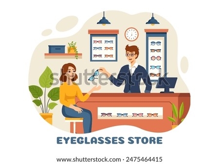 Vector Illustration of an Eyeglasses Store or Optical Shop featuring Accessories, an Optician, Vision Checking, and Eyeglasses in a Flat Background