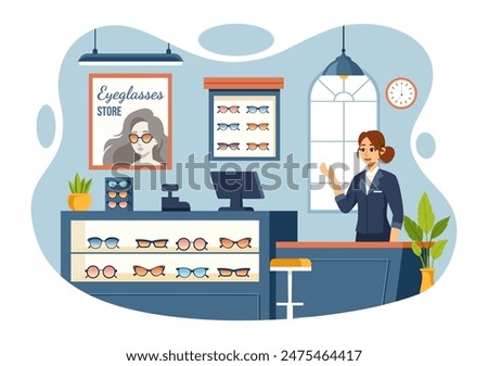 Vector Illustration of an Eyeglasses Store or Optical Shop featuring Accessories, an Optician, Vision Checking, and Eyeglasses in a Flat Background