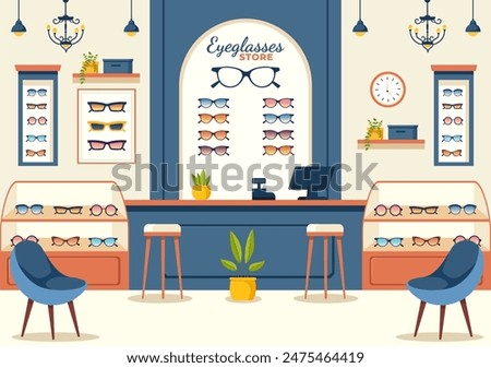 Vector Illustration of an Eyeglasses Store or Optical Shop featuring Accessories, an Optician, Vision Checking, and Eyeglasses in a Flat Background