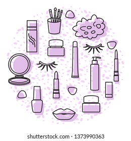 Vector illustration with eyelashes, lips, lipstick, mirror, brush, cream, nail polish, spray, shower sponge. Decorative cosmetics, care products, makeup background. Glamour fashion vogue style.