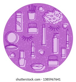 Vector illustration with eyelashes, lips, lipstick, mirror, brush, cream, nail polish, spray, shower sponge. Decorative cosmetics, care products, makeup background. Glamour fashion vogue style.