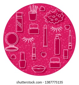 Vector illustration with eyelashes, lips, lipstick, mirror, brush, cream, nail polish, spray, shower sponge. Decorative cosmetics, care products, makeup background. Glamour fashion vogue style.