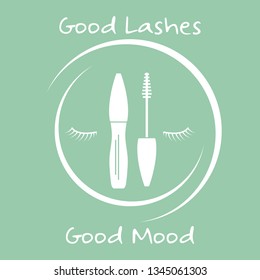 Vector illustration with eyelashes, mascara. Decorative cosmetics, makeup background. Glamour fashion vogue style. Design for banner, poster or print.
