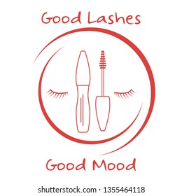 Vector illustration with eyelashes, mascara. Decorative cosmetics, makeup background. Glamour fashion vogue style. Design for banner, poster or print.