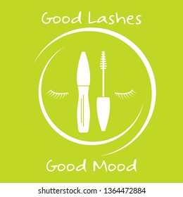 Vector illustration with eyelashes, mascara. Decorative cosmetics, makeup background. Glamour fashion vogue style. Design for banner, poster or print.