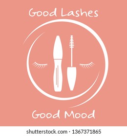 Vector illustration with eyelashes, mascara. Decorative cosmetics, makeup background. Glamour fashion vogue style. Design for banner, poster or print.