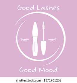 Vector illustration with eyelashes, mascara. Decorative cosmetics, makeup background. Glamour fashion vogue style. Design for banner, poster or print.