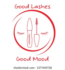 Vector illustration with eyelashes, mascara. Decorative cosmetics, makeup background. Glamour fashion vogue style. Design for banner, poster or print.