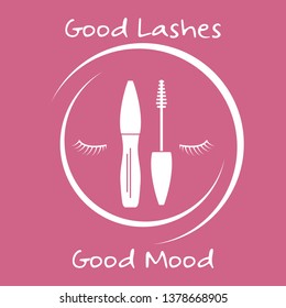 Vector illustration with eyelashes, mascara. Decorative cosmetics, makeup background. Glamour fashion vogue style. Design for banner, poster or print.